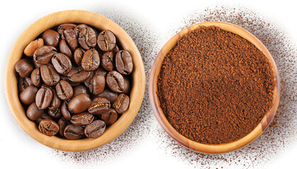 Wall Mural - Roasted coffee beans and coffee powder (ground coffee) in wooden bowl isolated on white background. Top view. Flat lay.