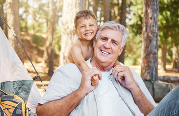 Wall Mural - Senior man, child and camping portrait outdoor in nature with a smile, fun and family travel. Happy grandpa and kid camper at a camp site, forest or woods with love for adventure and summer holiday