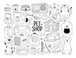 Set of hand drawn pet shop doodle illustrations. Outline drawings of cat, dog, hamster, toys, accessories, house, bed. Supplies for domesticated animals. Vector graphic