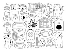 Set Of Hand Drawn Pet Shop Doodle Illustrations. Outline Drawings Of Cat, Dog, Hamster, Toys, Accessories, House, Bed. Supplies For Domesticated Animals. Vector Graphic