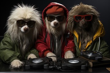 Wall Mural - Fur - Tified Beats: Witness a pet revolution as a rebellious dog, cat, and parrot form a rap trio, dropping bars with a surreal backdrop of floating turntables illustration generative ai