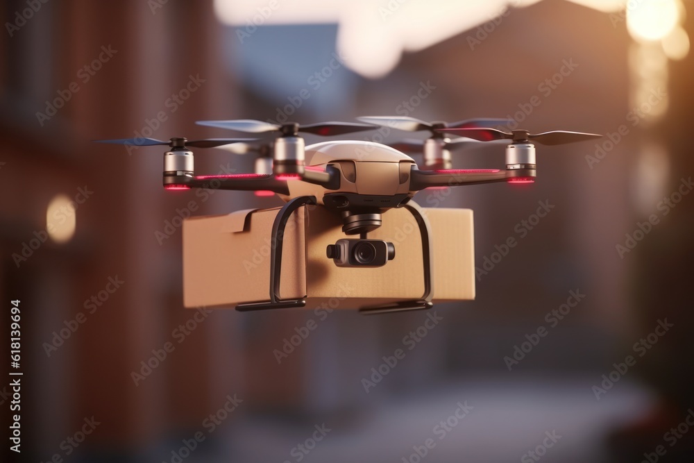 a delivery quadcopter carries a box through the air against the backdrop of a cityscape, ai tools generated image