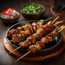 Grilled Meat Skewers, Shish Kebab On Black Background, AI Generated
