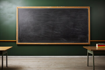 A large empty graphite blackboard in a classroom with desks.
