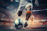 Fototapeta Sport - Legs of a football player hitting the ball with flying mud and grass.