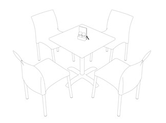 Contour Modern round table with chairs. Vector illustration. Hand drawn vector line art sketch of a dining table with chairs.