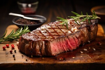 Grilled juicy medium rear steak with rosemary on a wooden board.