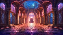 Interior Of A Medieval Castle, Game Scene, Shades Of Purple, Fantasy Concept. Generative AI