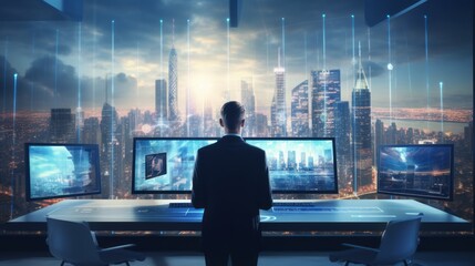 Back view of businessman looking at abstract network hologram on city background.  Businessman watching futuristic hologram on laptop screen against night city. Future and technology concept