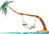 Fototapeta Boho - Watercolor tropical palm and hammock beach illustration. Exotic island, ocean, seaside. Vacation, travel, honeymoon, resort, relax. Postcard, greeting card, print, poster 