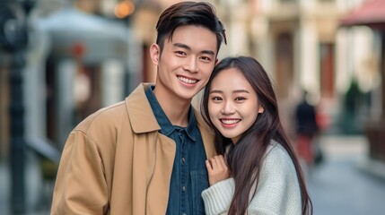 Happy young Asian couple standing in the street, looking at the camera. Closeup portrait of a cheerful young Asian couple in the city garden. Beautiful romantic shot of a smiling couple outdoors.