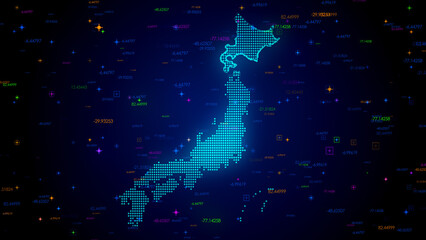 Wall Mural - futuristic blue colorful shiny digital technology hud dots mosaic grid japan map light scanning with
