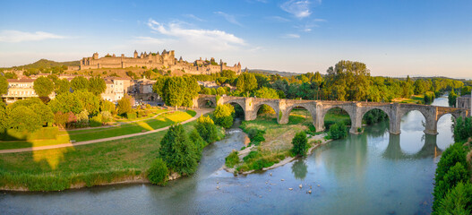 Medieval castle town of Carcassone at sunset, France