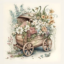 Beautiful Wooden Cart Filled With Flowers, Beautiful Blooms, Serene Garden Background, Muted, Soft, Detailed Watercolor Painting