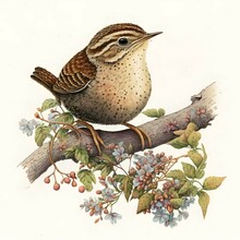 An Adorable Wren, 1950s Style, Vintage, Sitting On A Flowery Branch, Perfectly Proportioned, Cute, Detailed Watercolor Illustration