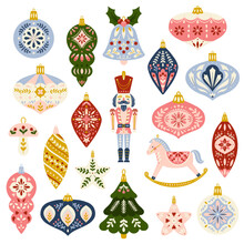 Vector Illustrative Set Of Christmas Ornaments In Folk Art Style