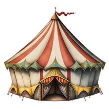 Watercolor Painting Of A Vintage Circus Tent, Tent Only, Circa 1930s Design, Proportionate, Symmetrical, Accurate, Detailed Watercolor Painting, Isolated On White Background