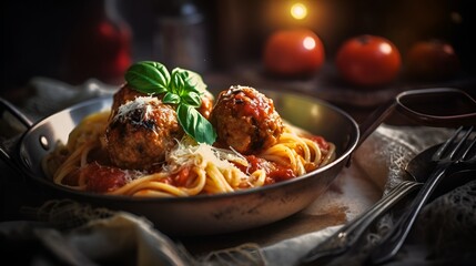 Wall Mural - Pasta with meatballs in tomato sauce, AI generated