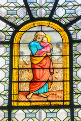 Poster - Stained glass window in Paris Saint-Sulpice church (Eglise Saint-Sulpice, 1754). Saint-Sulpice church is one of biggest churches in Paris. FRANCE. 