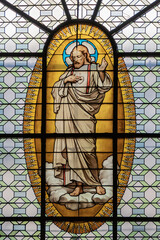 Poster - Stained glass window in Paris Saint-Sulpice church (Eglise Saint-Sulpice, 1754). Saint-Sulpice church is one of biggest churches in Paris. FRANCE. 