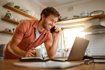 Wall Mural - Consulting, man on a phone call and with laptop for remote in kitchen of his home with a lens flare. Connectivity or online communication, customer support or social networking and male person happy