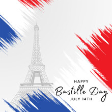 French National Day, 14th Of July Brush Stroke Banner In Colors Of The National Flag Of France With Eiffel Tower And Hand Lettering Happy Bastille Day. Vector Illustration.