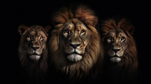 Portrait Of Three Adult Lions Close-up On A Black Background, Ultra Realism. Animal King Closeup. Generative AI
