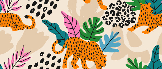 abstract collage pattern with leopards hand draw. Creative collage contemporary floral seamless pattern.