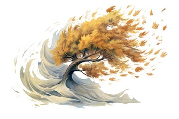Wall Mural - drawing tree in strong wind isolated on white background. ai generated.