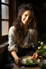 Wall Mural - One happy beautiful confident young woman prepare lunch food smile