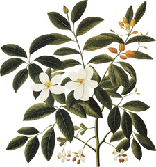 orange tree branch with blossoms isolated on transparent background, old botanical illustration