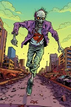 Hazme Una Caricatura De Un Zombie Tierno, Con Ropa Futurista, Volando Por La Ciudad, Coloring Page