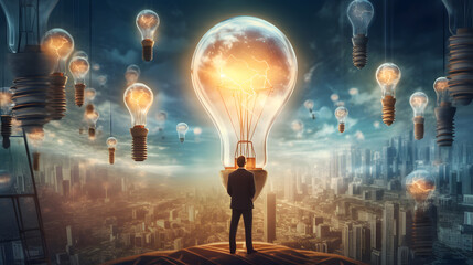businessman looks at glowing light bulbs of different sizes, the concept of a variety of ideas, inspired by innovative business idea, motivated with successful startup in office, innovation. ai