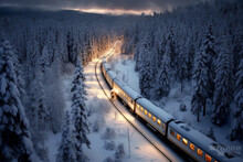 Christmas Scene Of Winter Night With Train Passing Through Forest With Snow. Beautiful Landscape Background With Cloudy Sky. Holiday Happiness. Illustration, Generative AI.