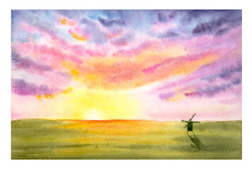 Watercolor sunset landscape with a field and a windmill.