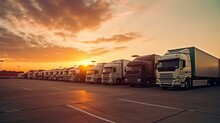 Many Transport Trucks Parked At A Service Station At Sunset - Generative AI