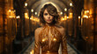 Hübsches blondes Model im Bronze Gold farbenen Sexy Abendkleid im Lichter Bukeh Porträt, ai, generativ