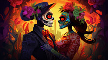 Colorful Day Of The Dead Illustration With Skeleton Couple Dancing