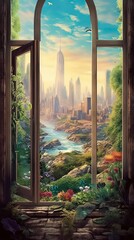 Wall Mural - Window with surreal and magical landscape view. Generative ai.