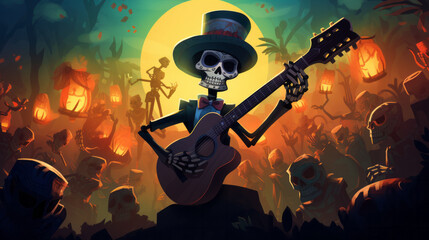 Wall Mural - Colorful day of the dead illustration with skeleton playing music