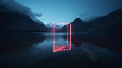 Wall Mural - Neon square hovering over the middle of a lake with mountain in the back in a minimalistic setting