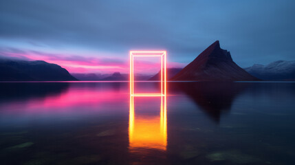Wall Mural - Neon square hovering over the middle of a lake with mountain in the back in a minimalistic setting