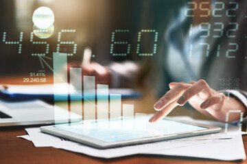Aufkleber - Accounting, overlay and hand with tablet at night for stats, research or communication at a desk. Digital, overtime and accountant typing on technology with data, charts and cgi numbers in the dark