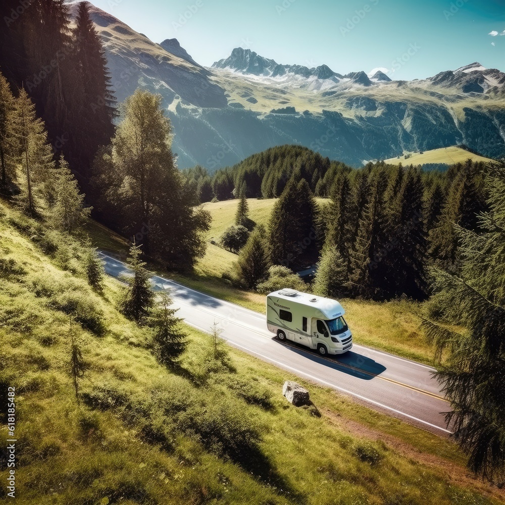 Motorhome camper van RV road trip. People on travel vacation adventure ...