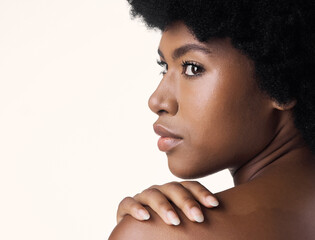 Black woman, back and skincare for beauty in studio isolated on a white background mockup space. Natural, cosmetics and African female model with spa treatment for aesthetic, wellness or skin health