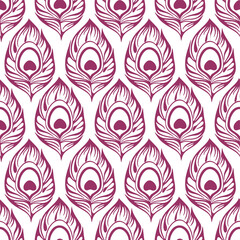 Wall Mural - seamless pattern of purple stylized peacock feathers on a white background, texture, design