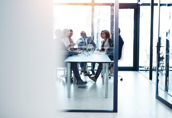 Poster - Teamwork, strategy and meeting with business people in office for project management, review and brainstorming. Corporate, collaboration and planning with group of employees in boardroom for idea