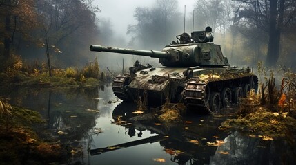 Poster - a tank in a swamp. Generative AI Art.