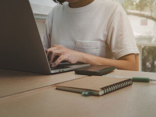 Wall Mural - woman typing report data on laptop working at home