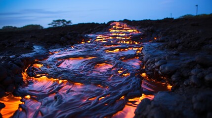 Canvas Print - lava flowing lava in a rocky area. Generative AI Art.